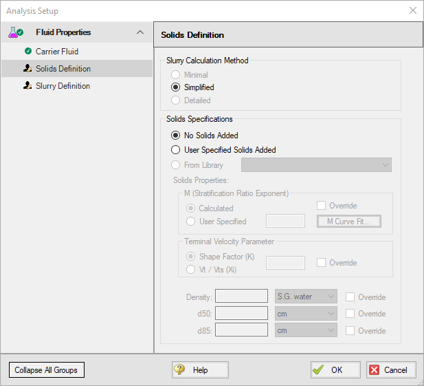 The Solids Definition panel of Analysis Setup.